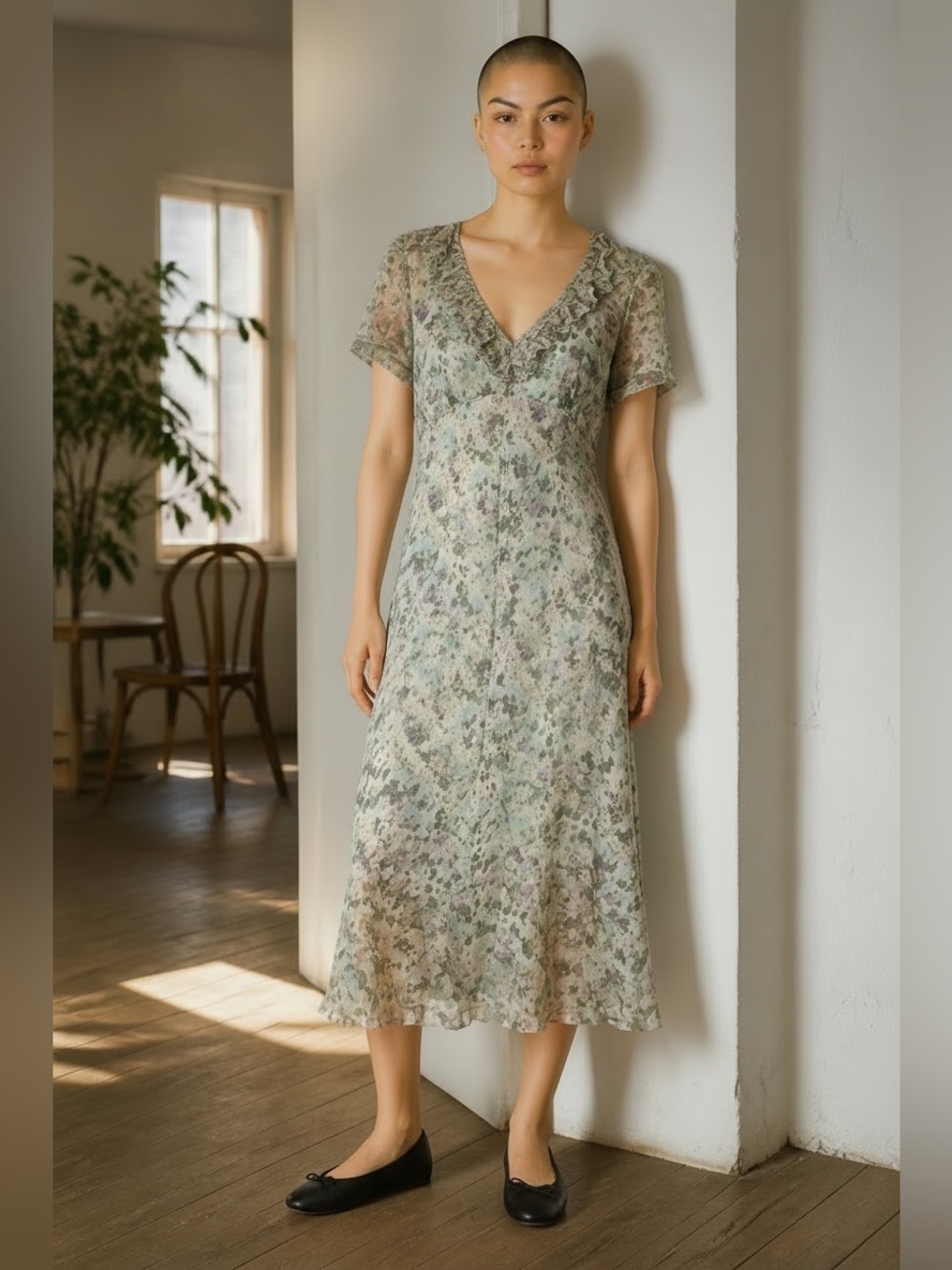 Caroline Charles 100% Silk Floral Dress Ruffle collar and hem 14